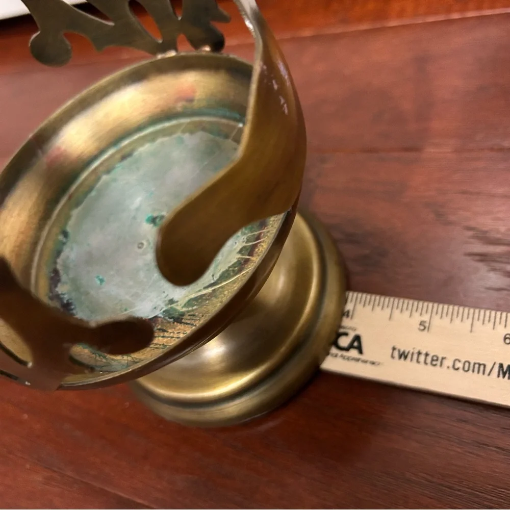Vintage Brass Birds Flower Pedestal Decorative Tray Candle Holder Cutout Rim